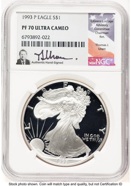 1993-P Proof Silver Eagle 1 oz Thomas Uram NGC PF70