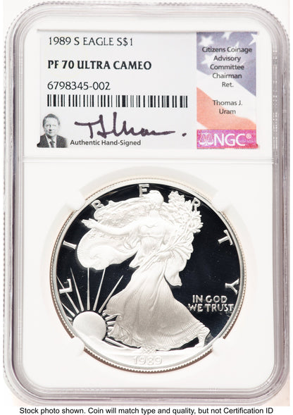 1989-S Proof Silver Eagle 1 oz Thomas Uram NGC PF70