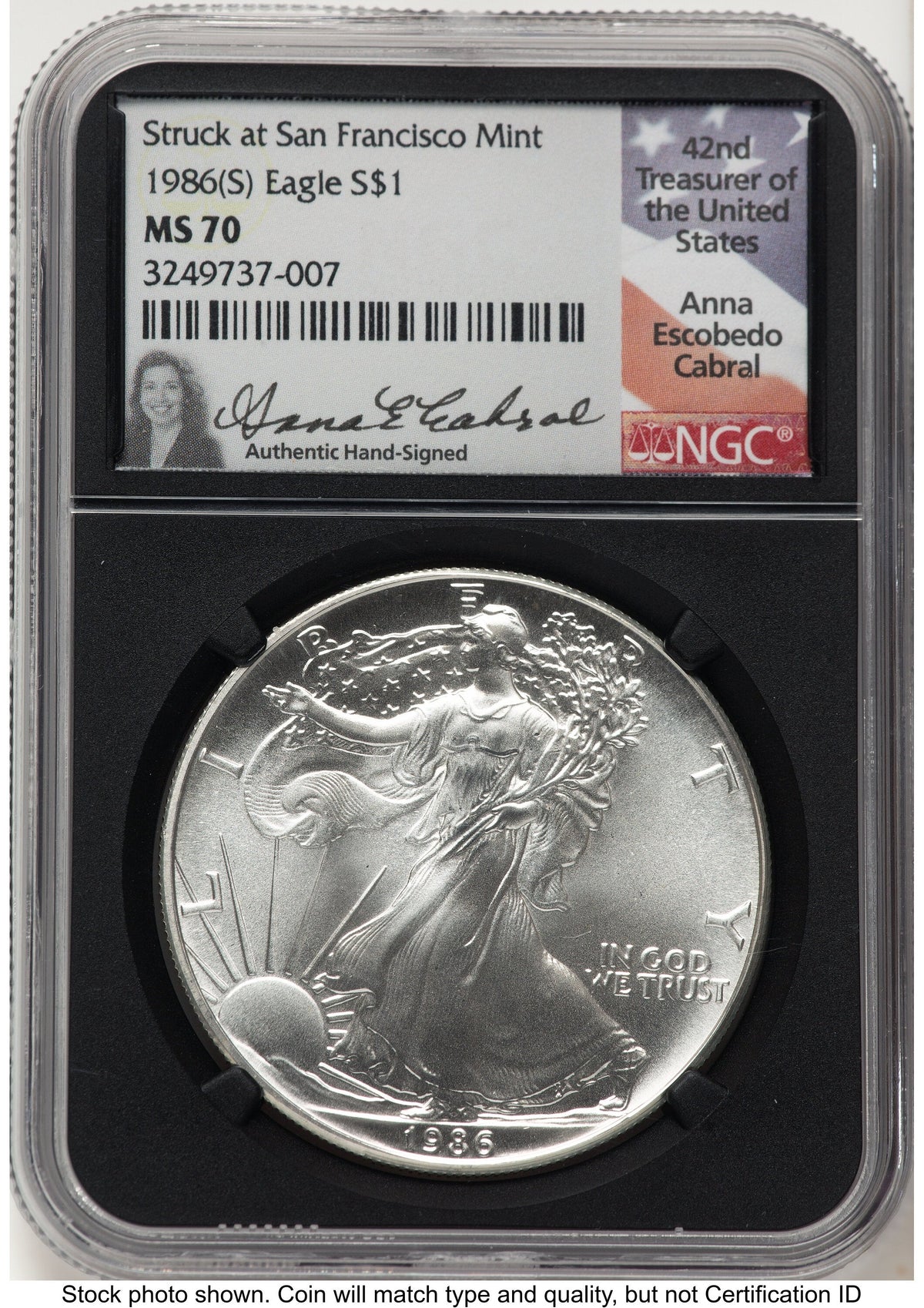 1986-(S) Silver Eagle Anna Cabral NGC MS70