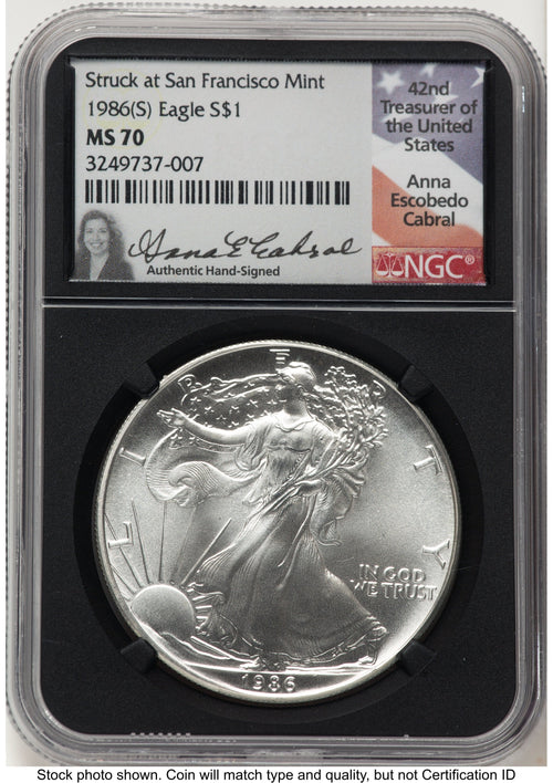 1986-(S) Silver Eagle Anna Cabral NGC MS70