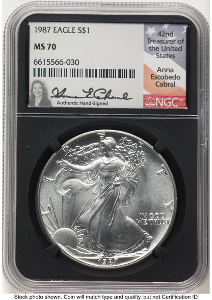1987 Silver Eagle Anna Cabral NGC MS70