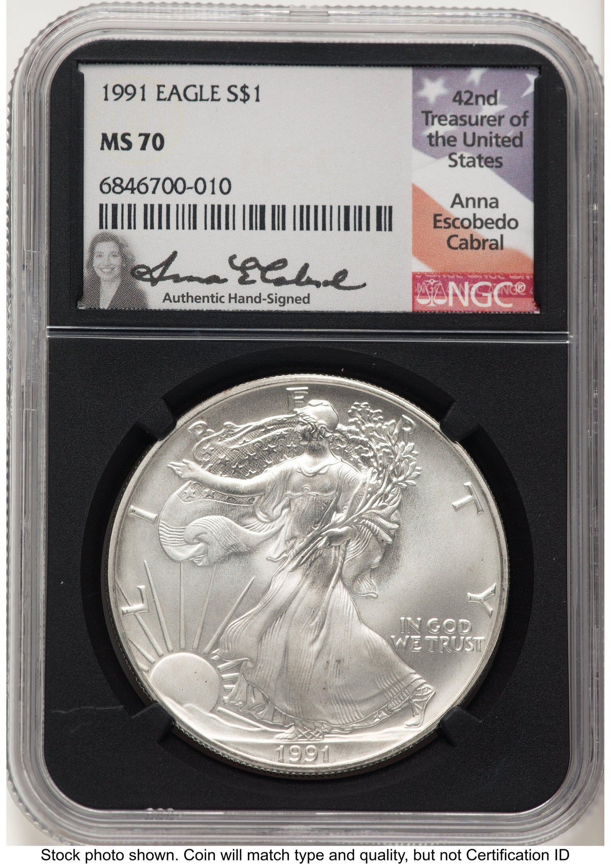 1991 Silver Eagle Anna Cabral NGC MS70