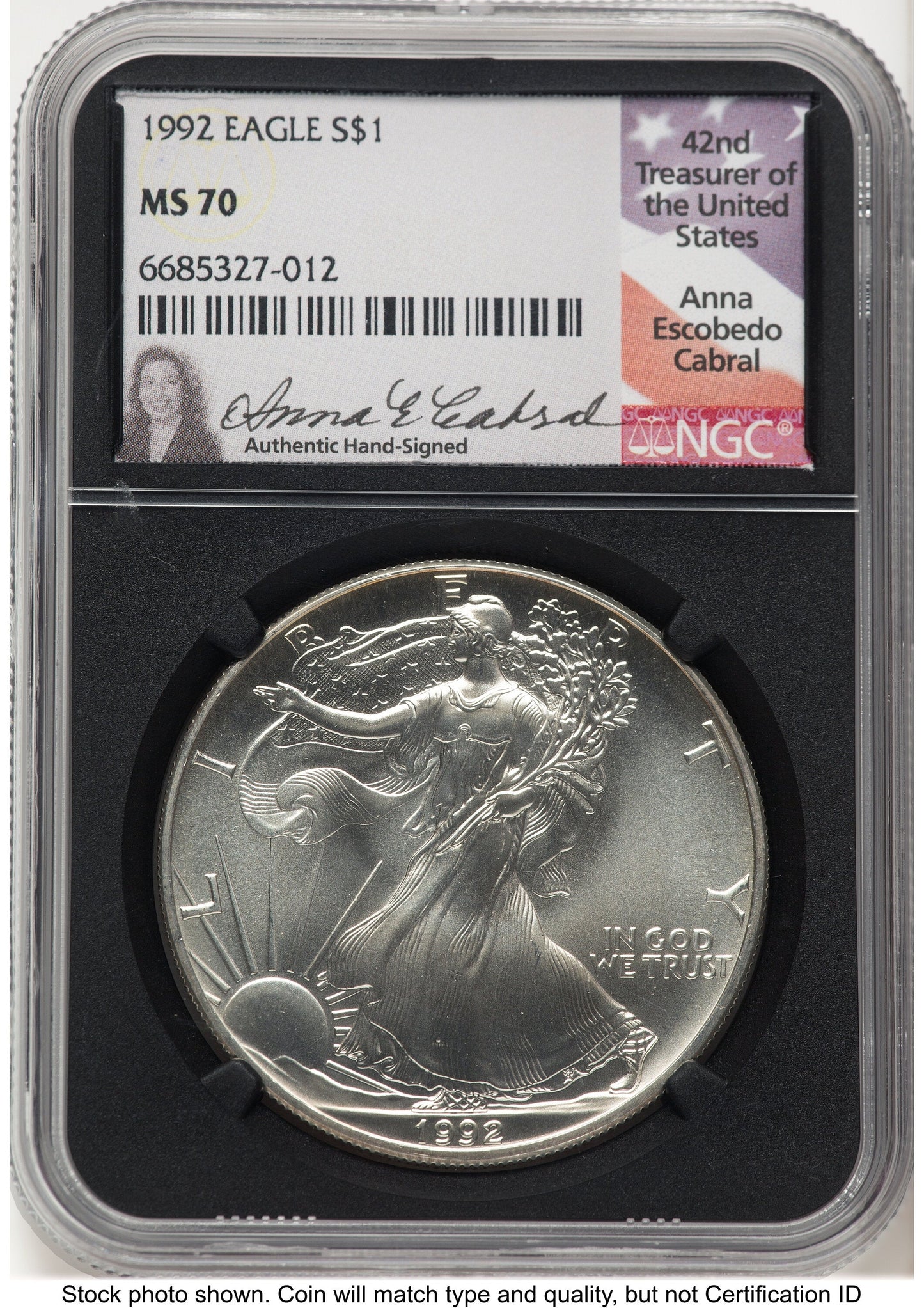1992 Silver Eagle Anna Cabral NGC MS70