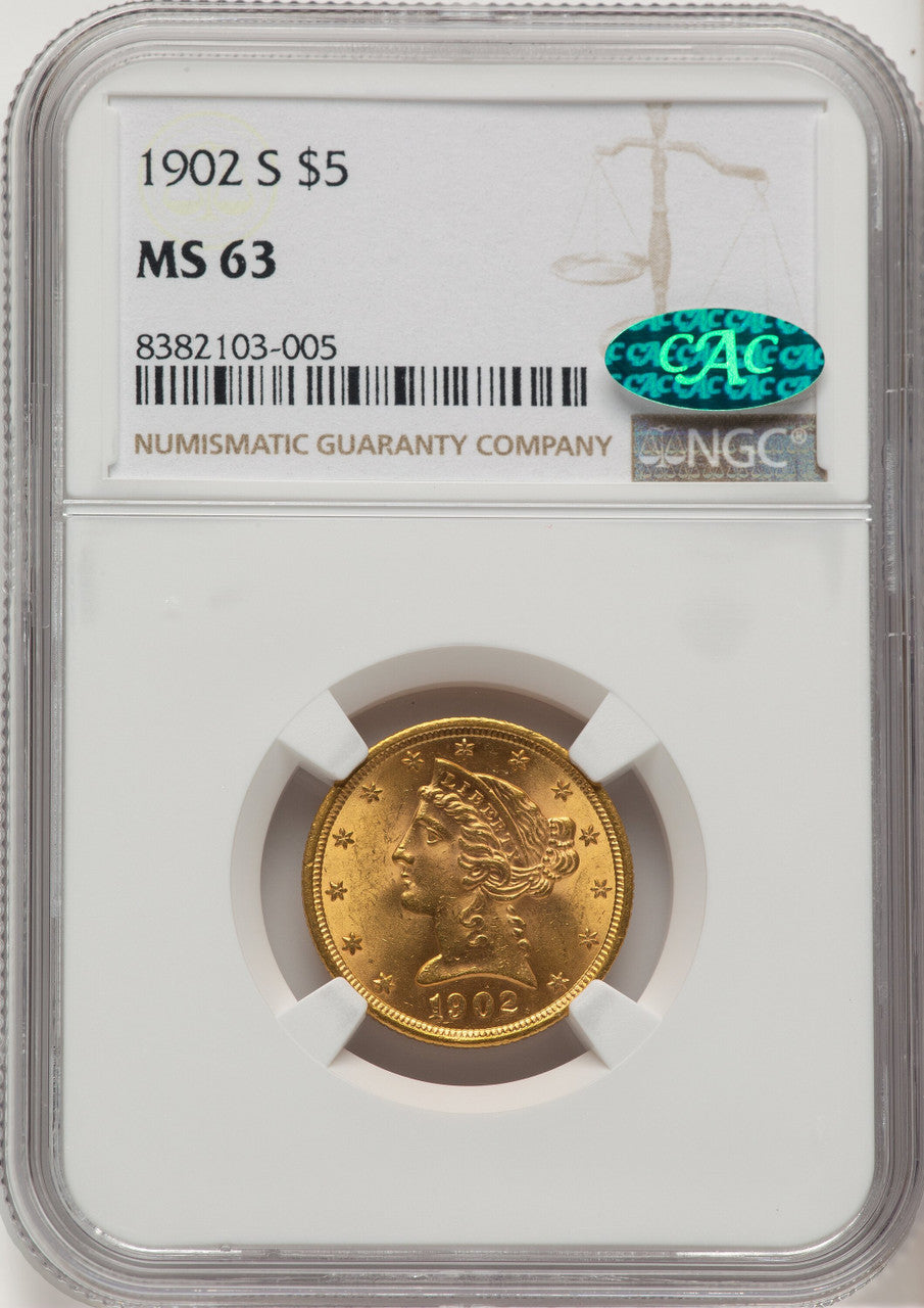 1902-S $5 CAC Liberty Half Eagle NGC MS63
