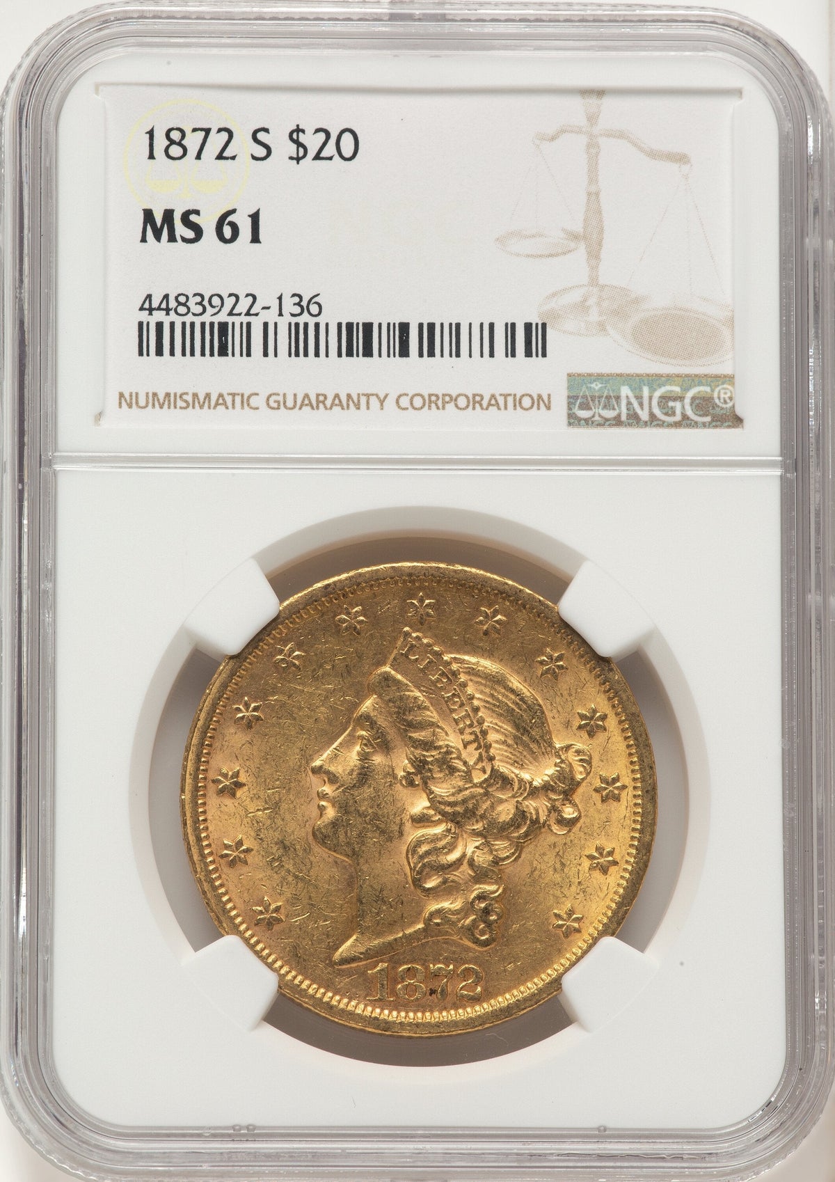 1872-S $20 Liberty Double Eagle NGC MS61