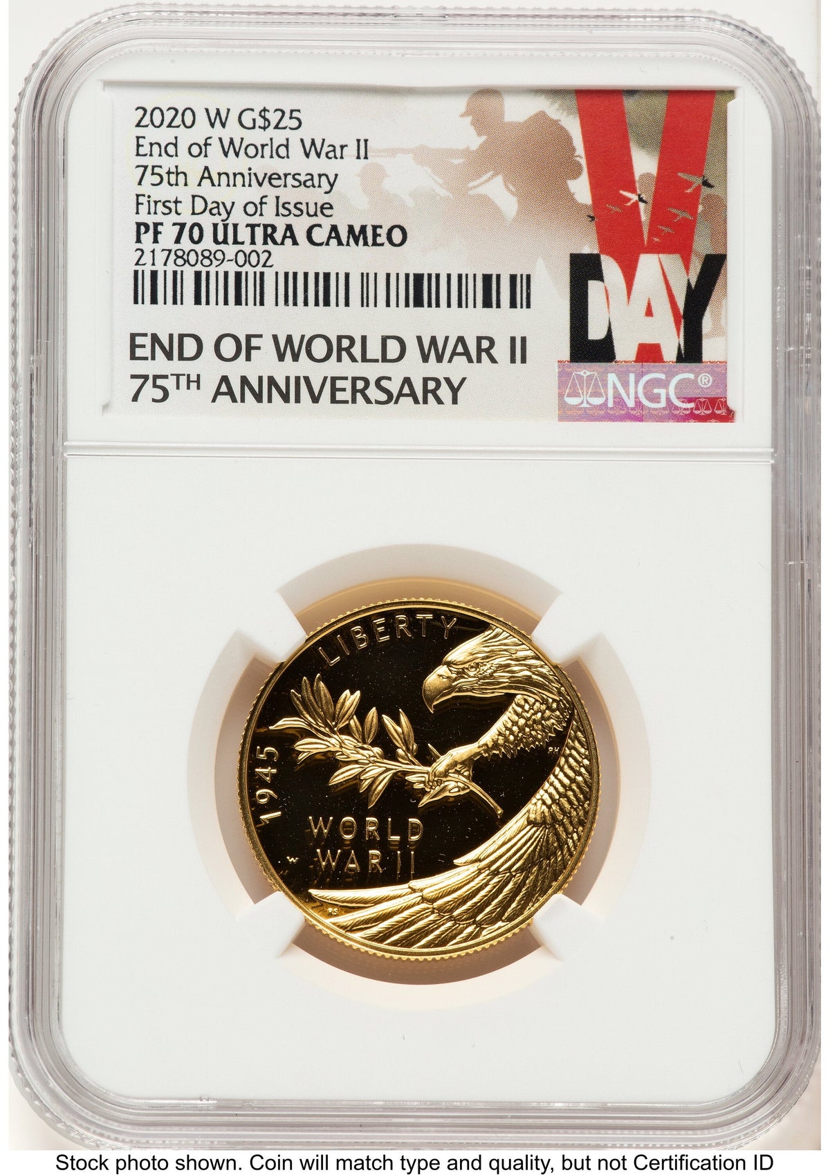 2020-W 1/2 oz Proof Gold End of World War II 75th Anniversary FDI V-Day Label NGC PF70