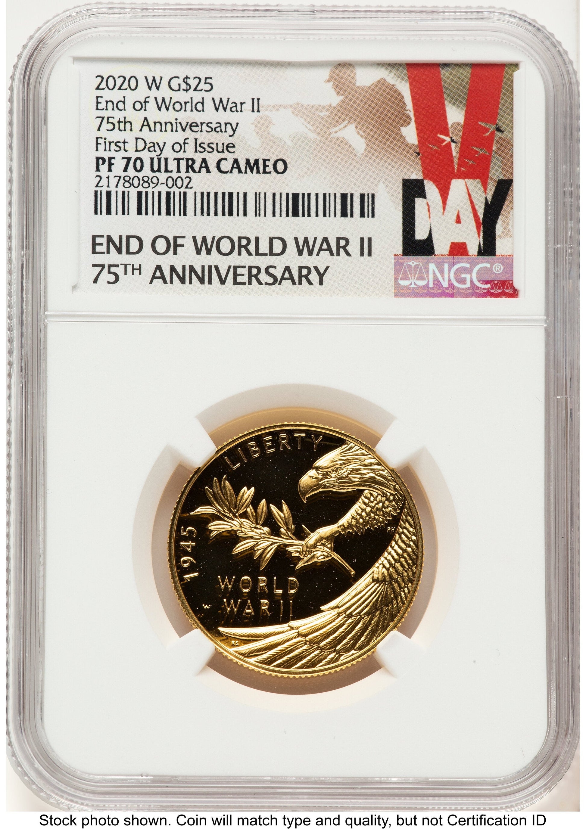 2020-W 1/2 oz Proof Gold End of World War II 75th Anniversary FDI V-Day Label NGC PF70