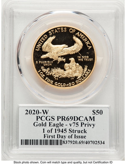 2020-W Proof Gold Eagle V75 Privy One of 1945 Struck 1 oz FDI Clifton Truman Daniel PCGS PR69