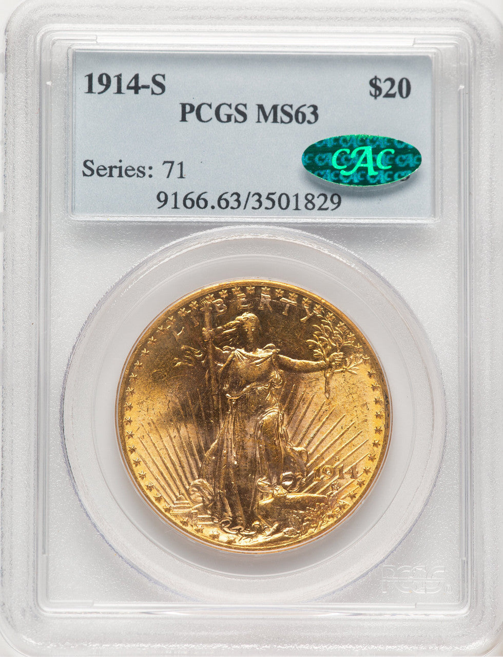 1914-S $20 CAC Saint-Gaudens Double Eagle PCGS MS63