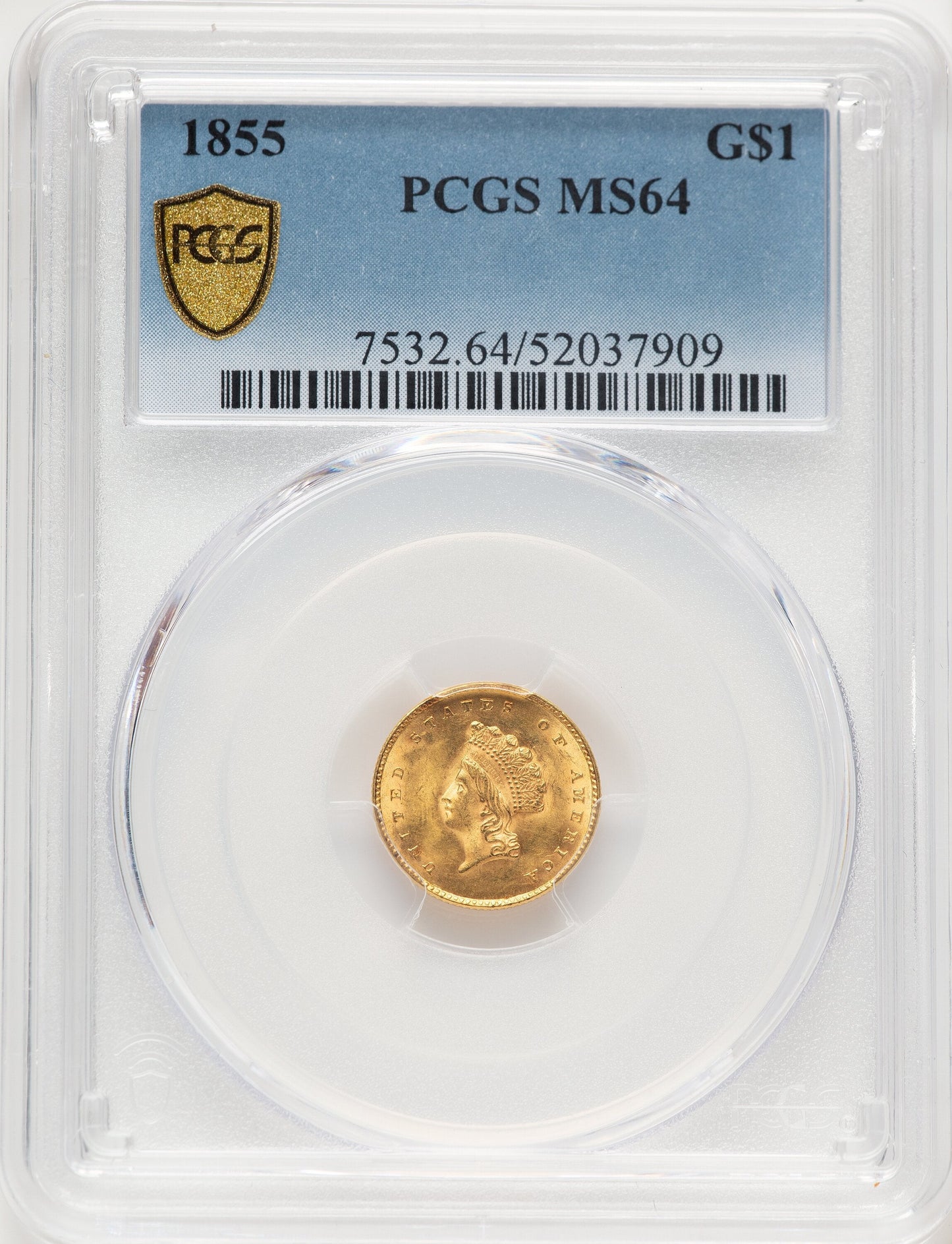 1855 G$1 Type Two Gold Dollar PCGS MS64