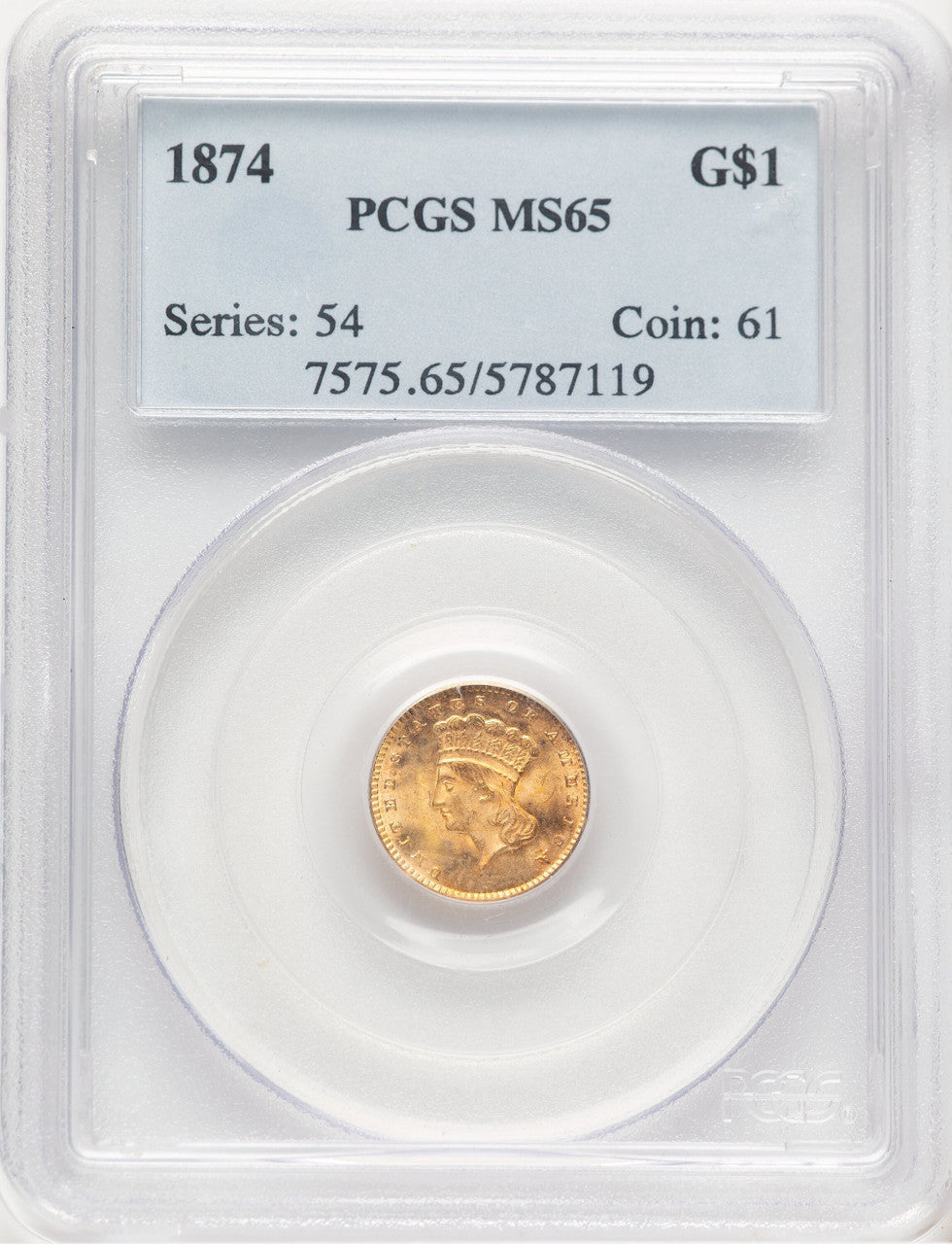 1874 G$1 Gold Dollar PCGS MS65