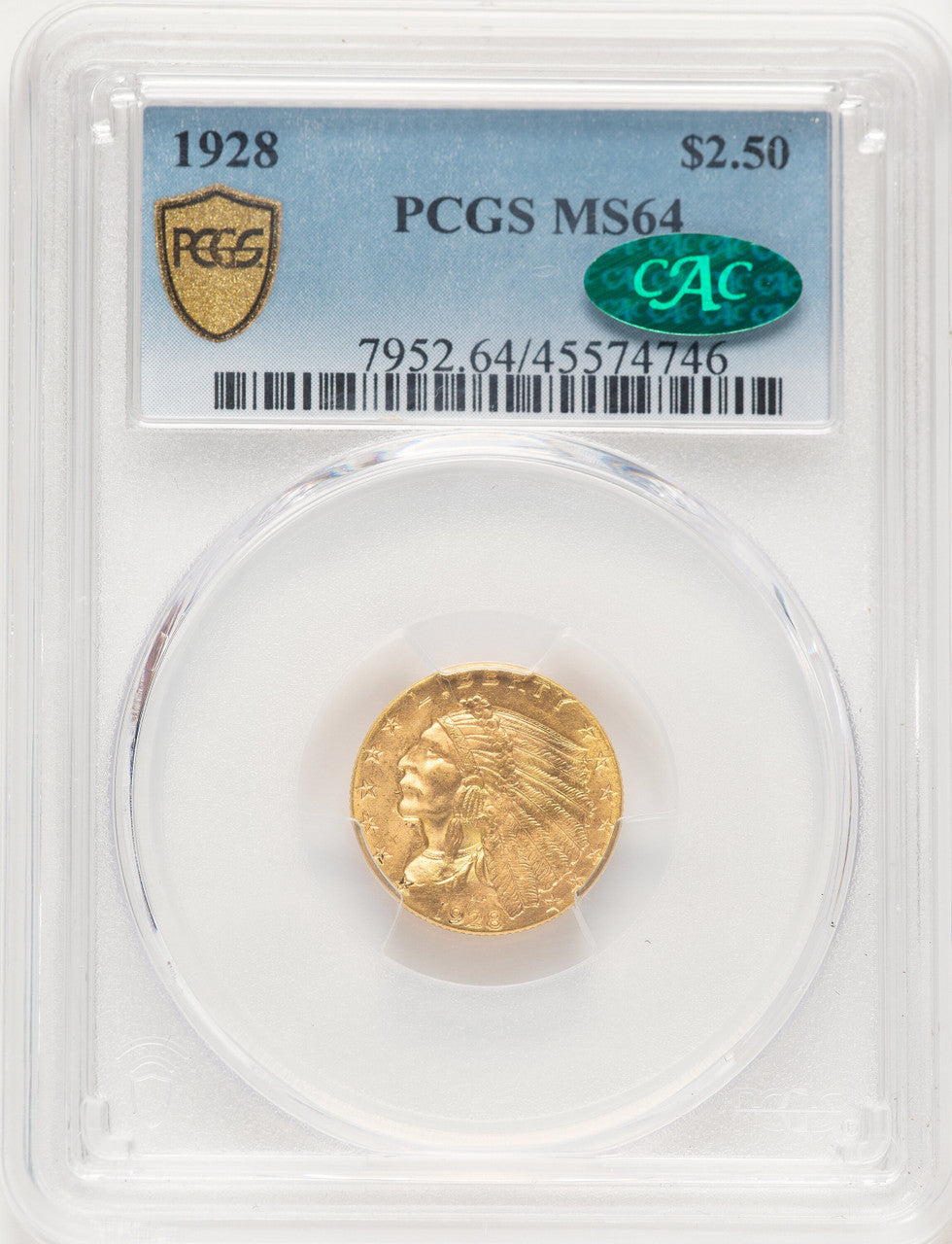 1928 $2.50 CAC Blue Gradient Indian Quarter Eagle PCGS MS64