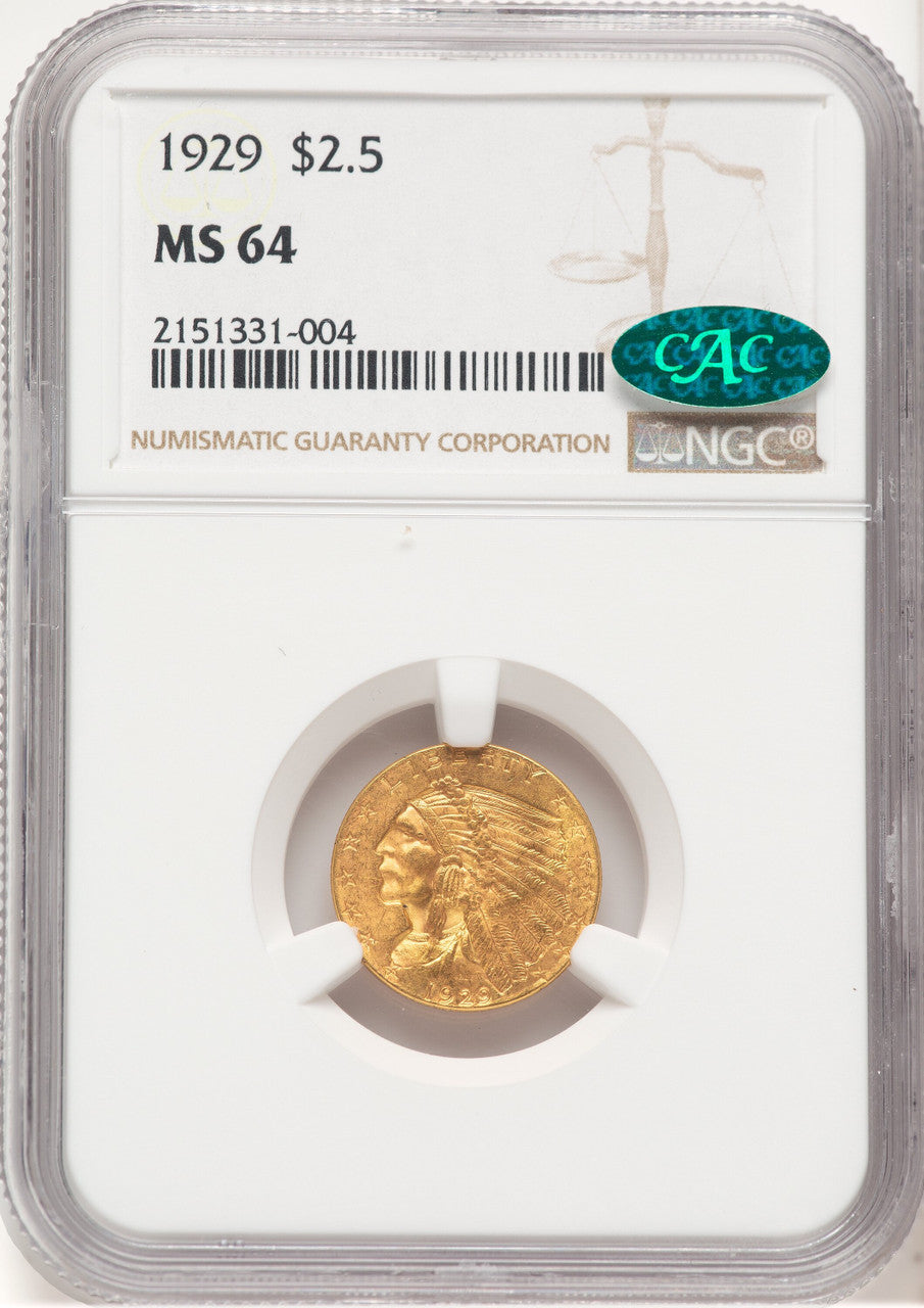 1929 $2.50 CAC Brown Label Indian Quarter Eagle NGC MS64