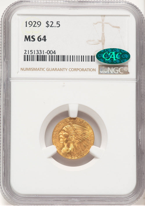 1929 $2.50 CAC Brown Label Indian Quarter Eagle NGC MS64