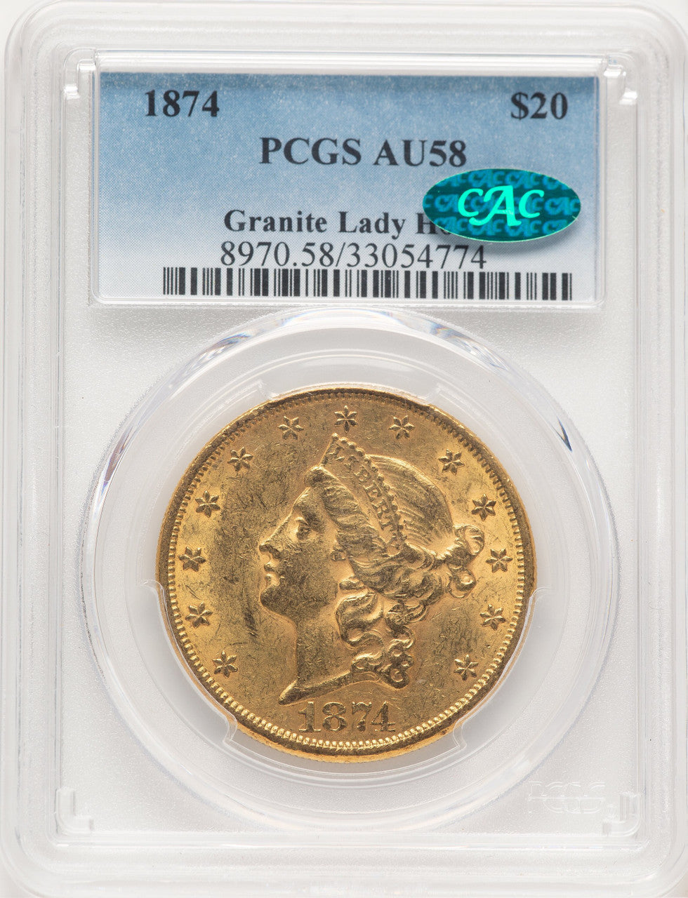 1874 $20 CAC Liberty Double Eagle PCGS AU58