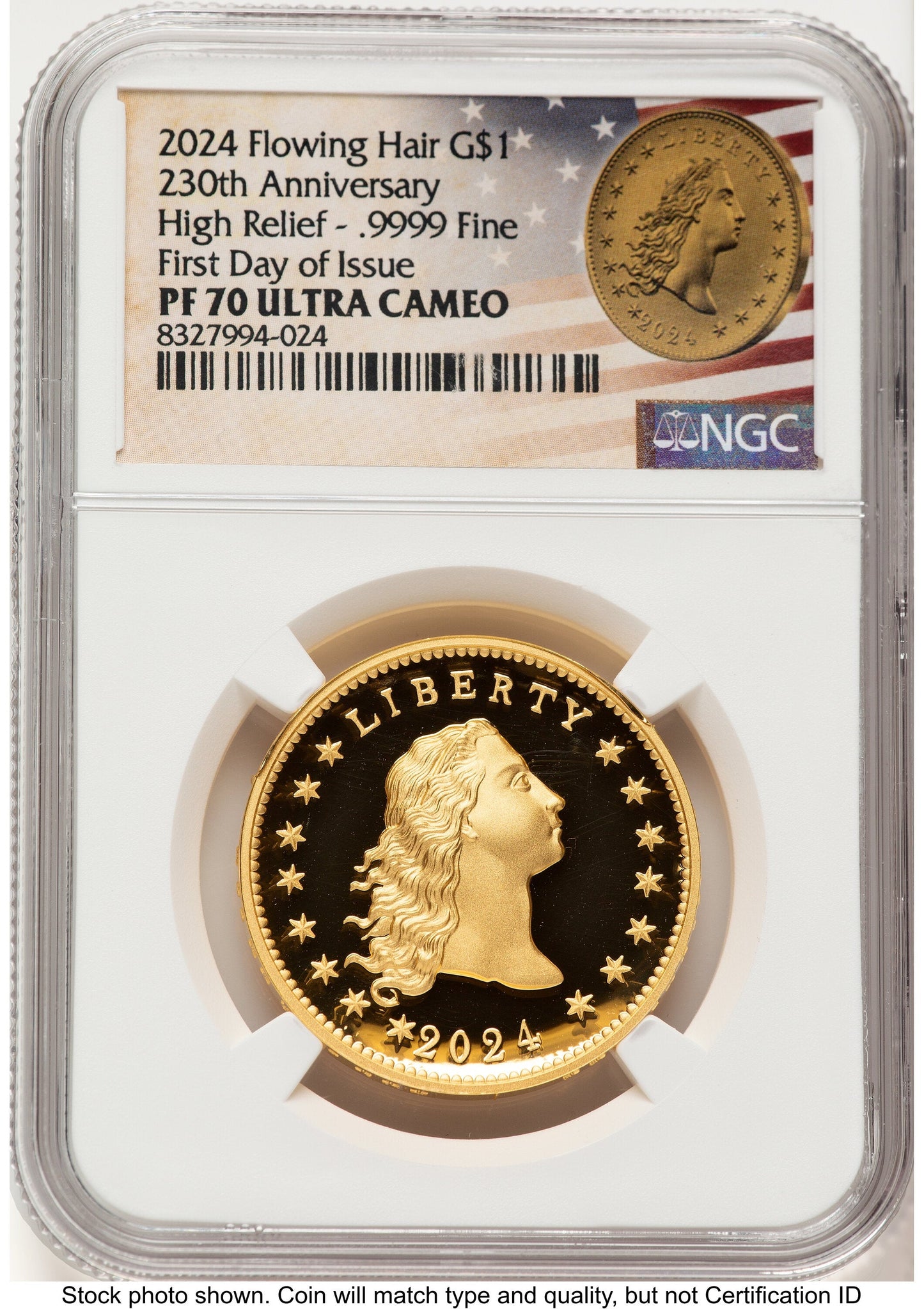 2024-(W) Gold 230th Anniversary Flowing Hair Medal FDI Flowing Hair Label NGC PF70