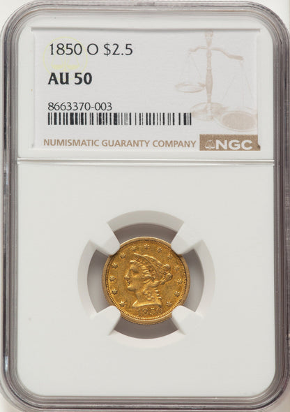 1850-O $2.50 Liberty Quarter Eagle NGC AU50