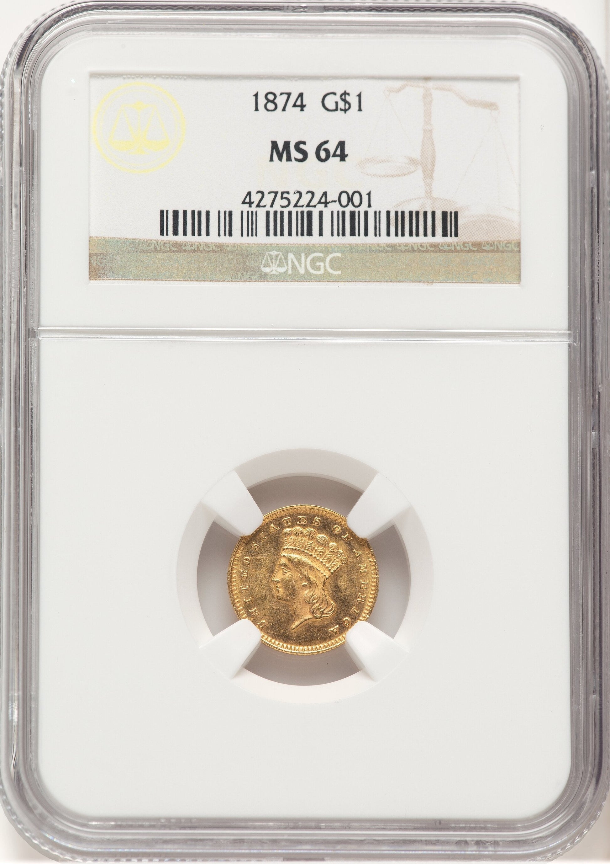 1874 G$1 Gold Dollar NGC MS64