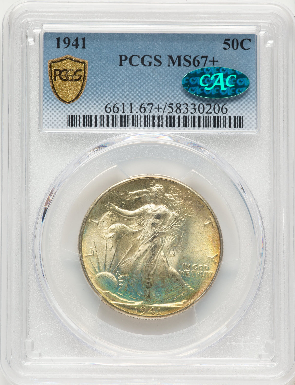 1941 50C CAC Walking Liberty Half Dollar PCGS MS67+