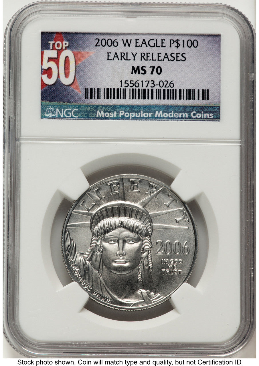 2006-W Burnished Platinum Eagle 1 oz ER Top 50 Most Popular Modern Coins Label NGC MS70
