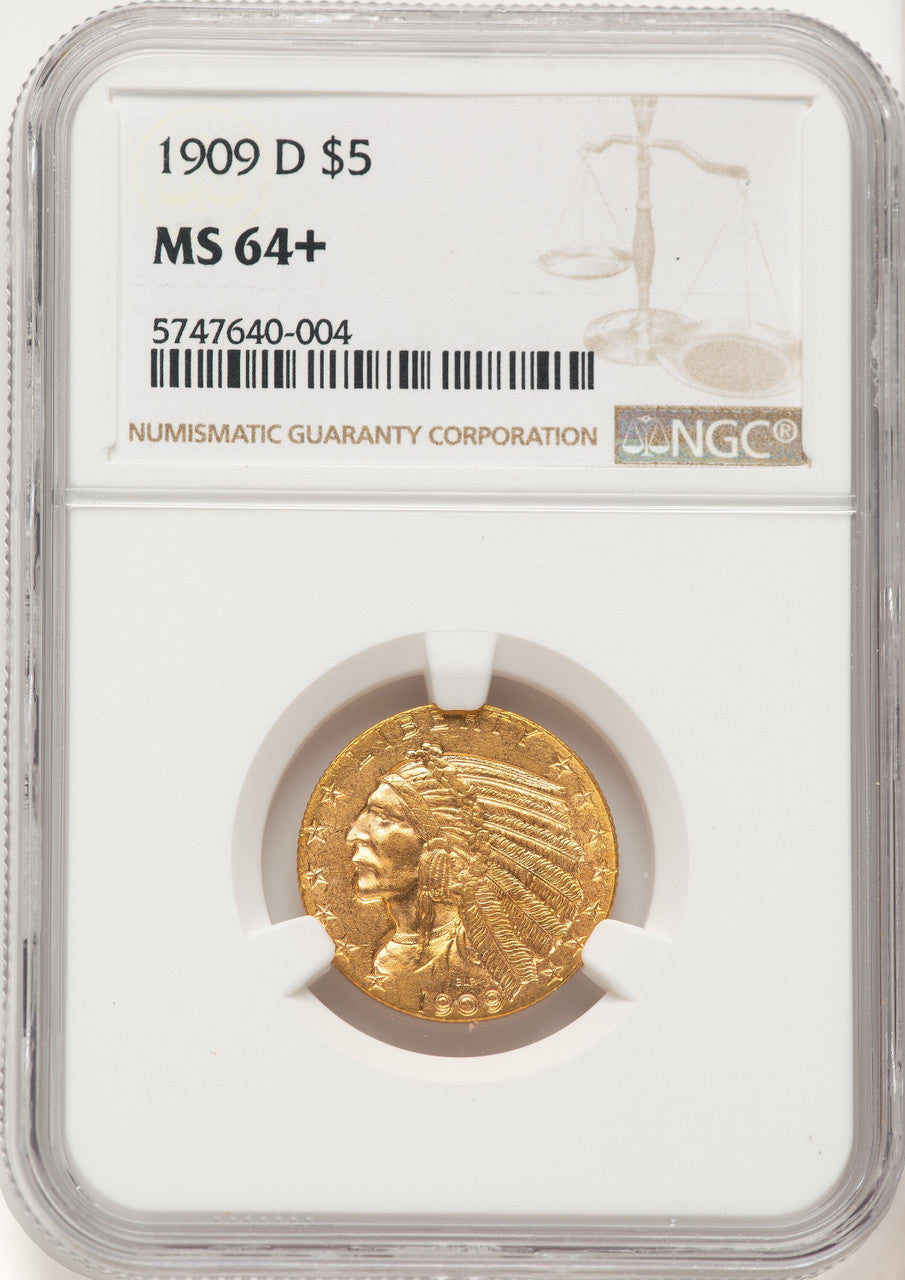 1909-D $5 Brown Label Indian Half Eagle NGC MS64+