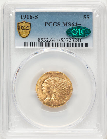 1916-S $5 CAC Blue Gradient Indian Half Eagle PCGS MS64+