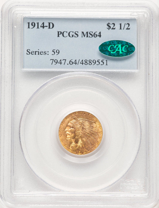 1914-D $2.50 CAC Indian Quarter Eagle PCGS MS64