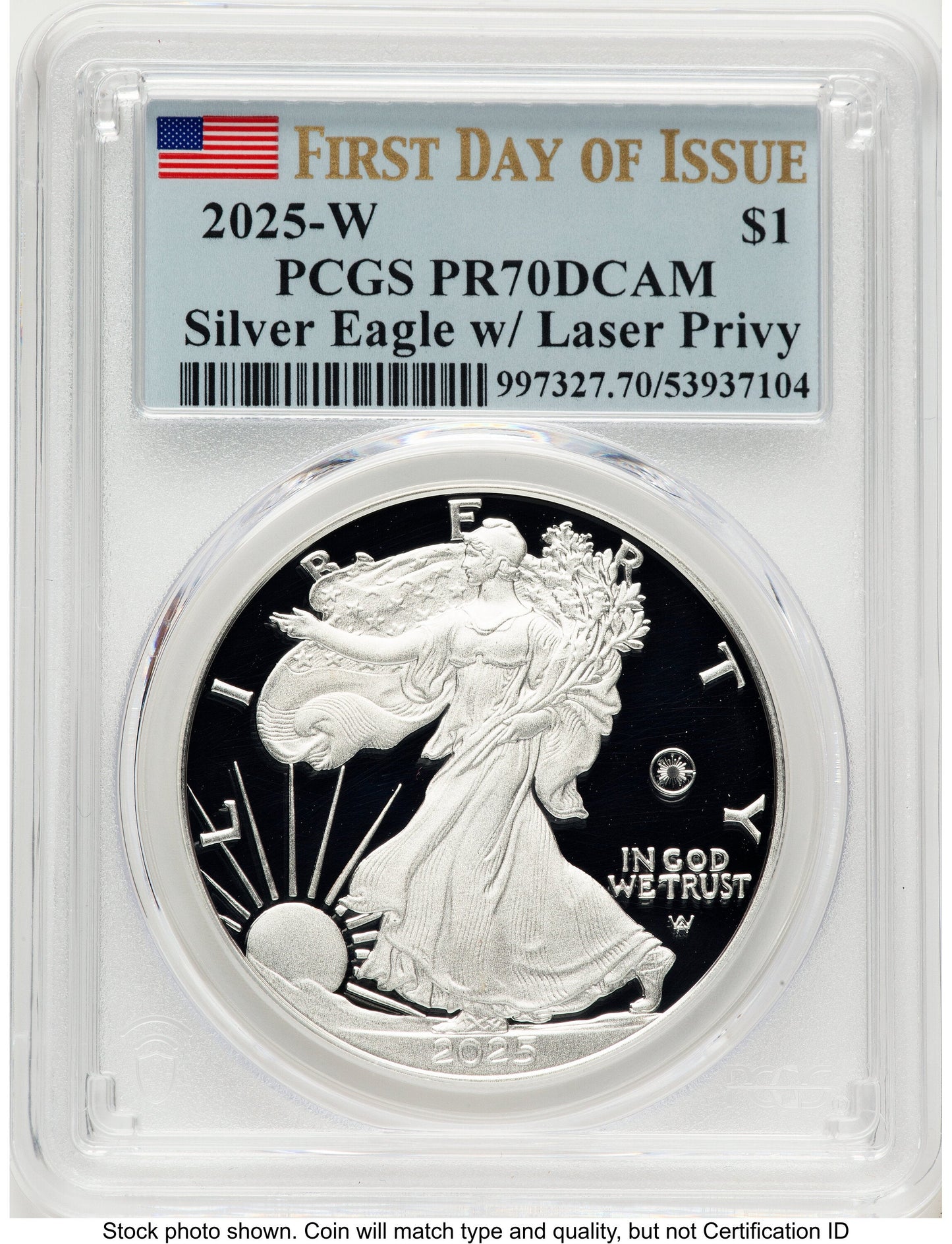 2025-W Proof Silver Eagle Privy Laser Engraved 1 oz FDI Flag PCGS PR70