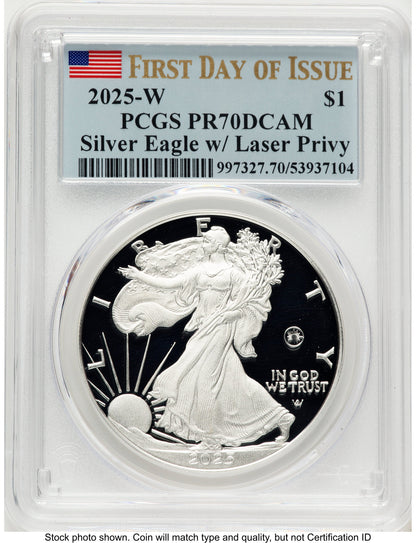 2025-W Proof Silver Eagle Privy Laser Engraved 1 oz FDI Flag PCGS PR70