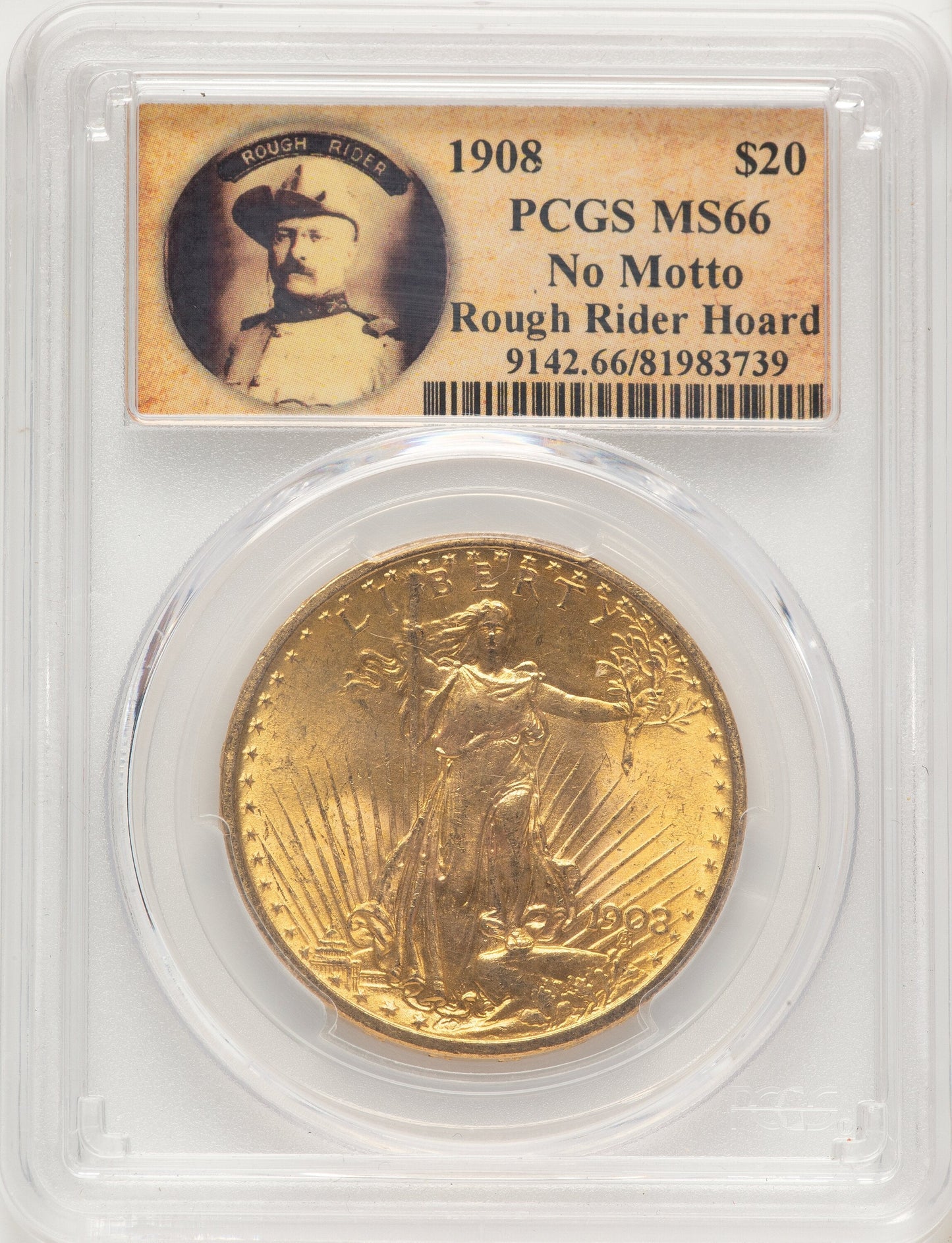 1908 $20 NO MOTTO Saint-Gaudens Double Eagle PCGS MS66