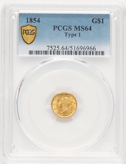 1854 G$1 T-1 Gold Dollar PCGS MS64