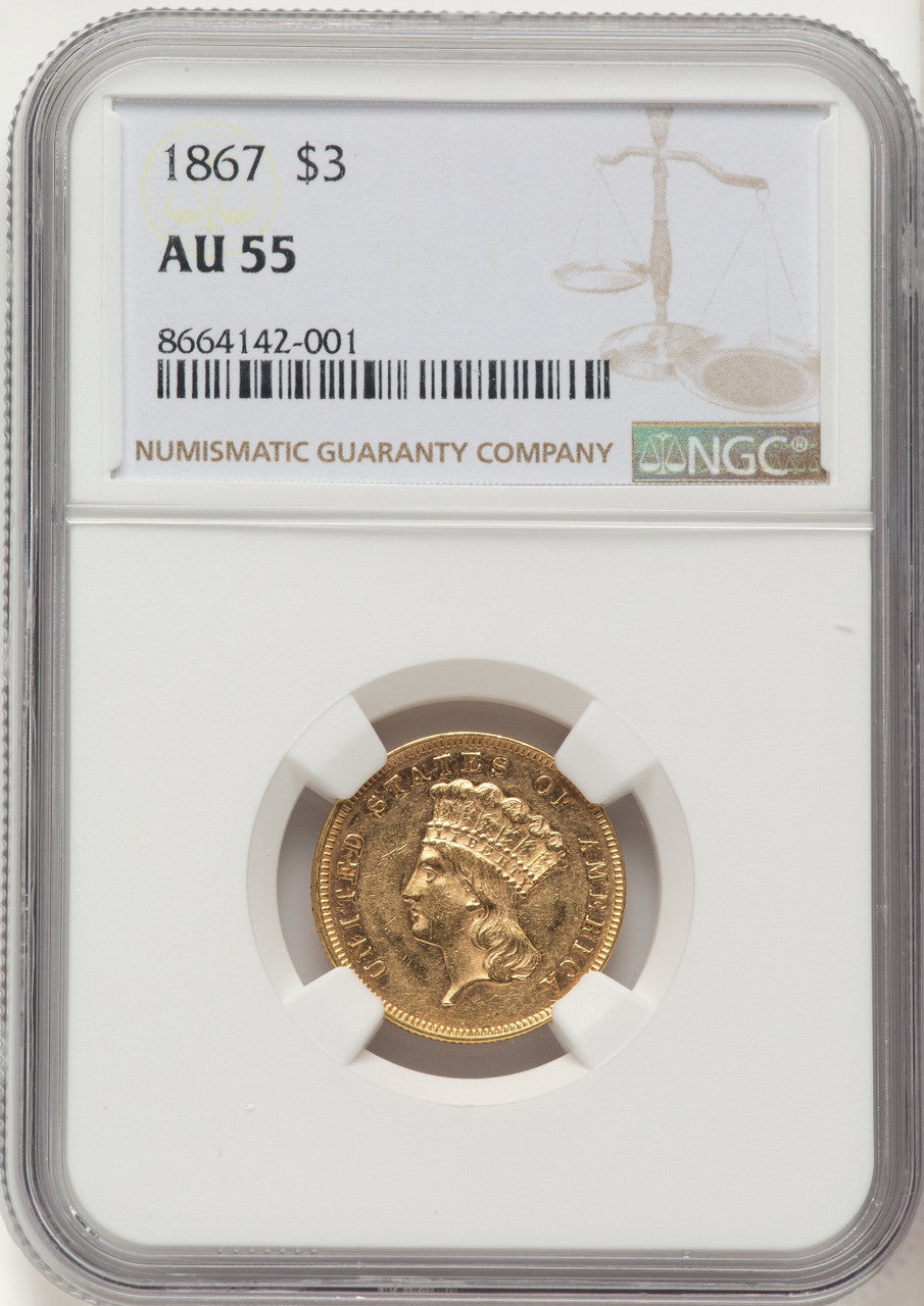 1867 $3 Three Dollar Gold Pieces NGC AU55
