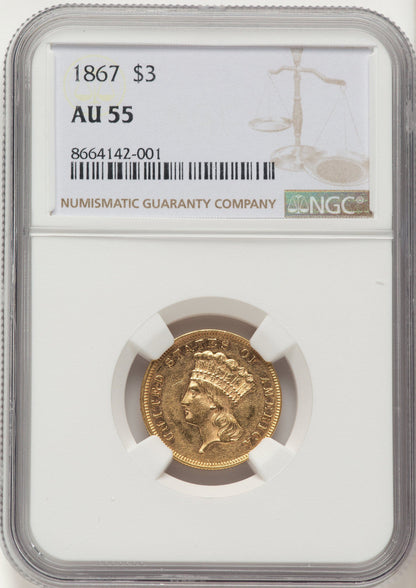 1867 $3 Three Dollar Gold Pieces NGC AU55