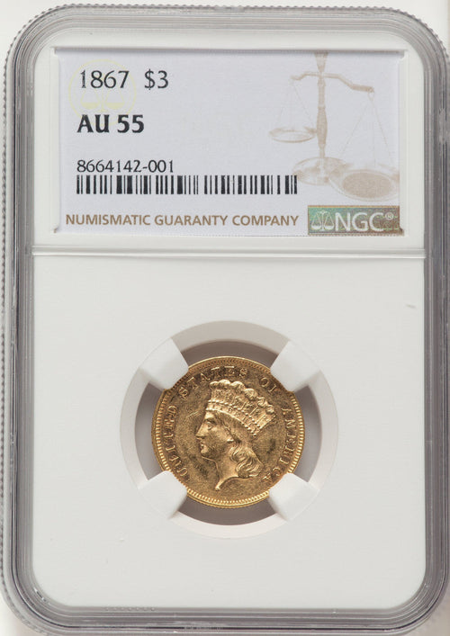 1867 $3 Three Dollar Gold Pieces NGC AU55