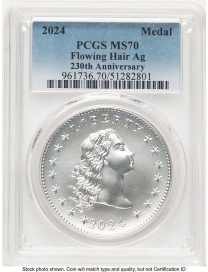 2024-(P) Silver 230th Anniversary Flowing Hair Medal Blue Gradient Modern Commemoratives PCGS MS70