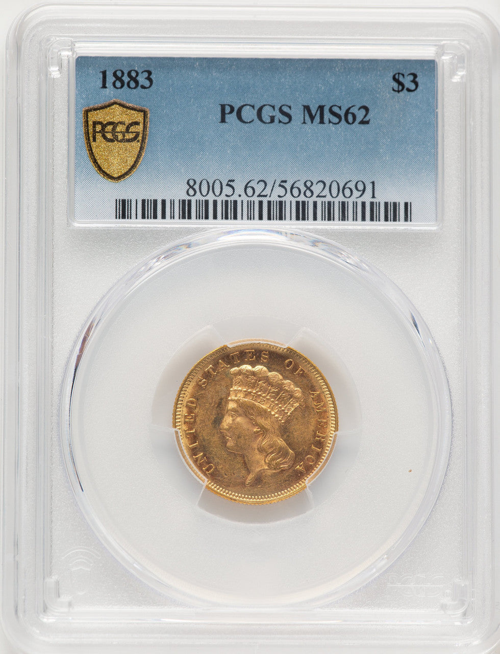 1883 $3 Three Dollar Gold Pieces PCGS MS62