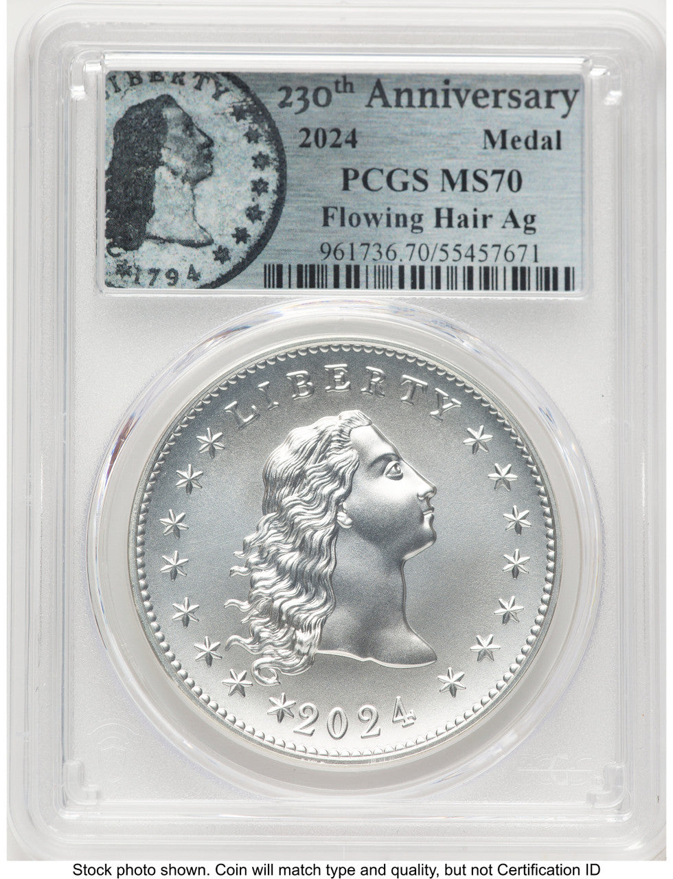 2024-(P) Silver 230th Anniversary Flowing Hair Medal Flowing Hair Label Modern Commemoratives PCGS MS70