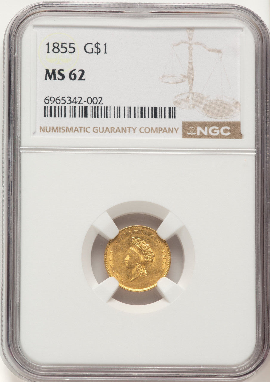 1855 G$1 Type Two Gold Dollar NGC MS62