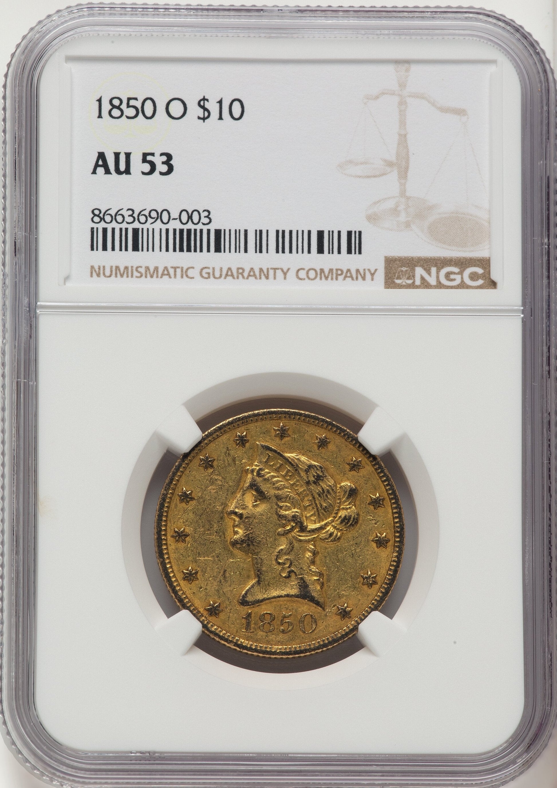 1850-O $10 Liberty Eagle NGC AU53