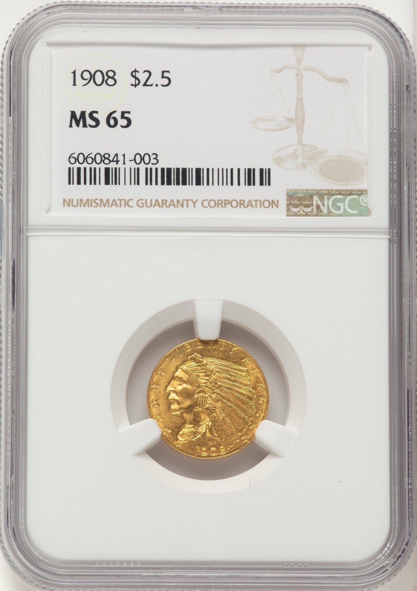1908 $2.50 Indian Quarter Eagle NGC MS65