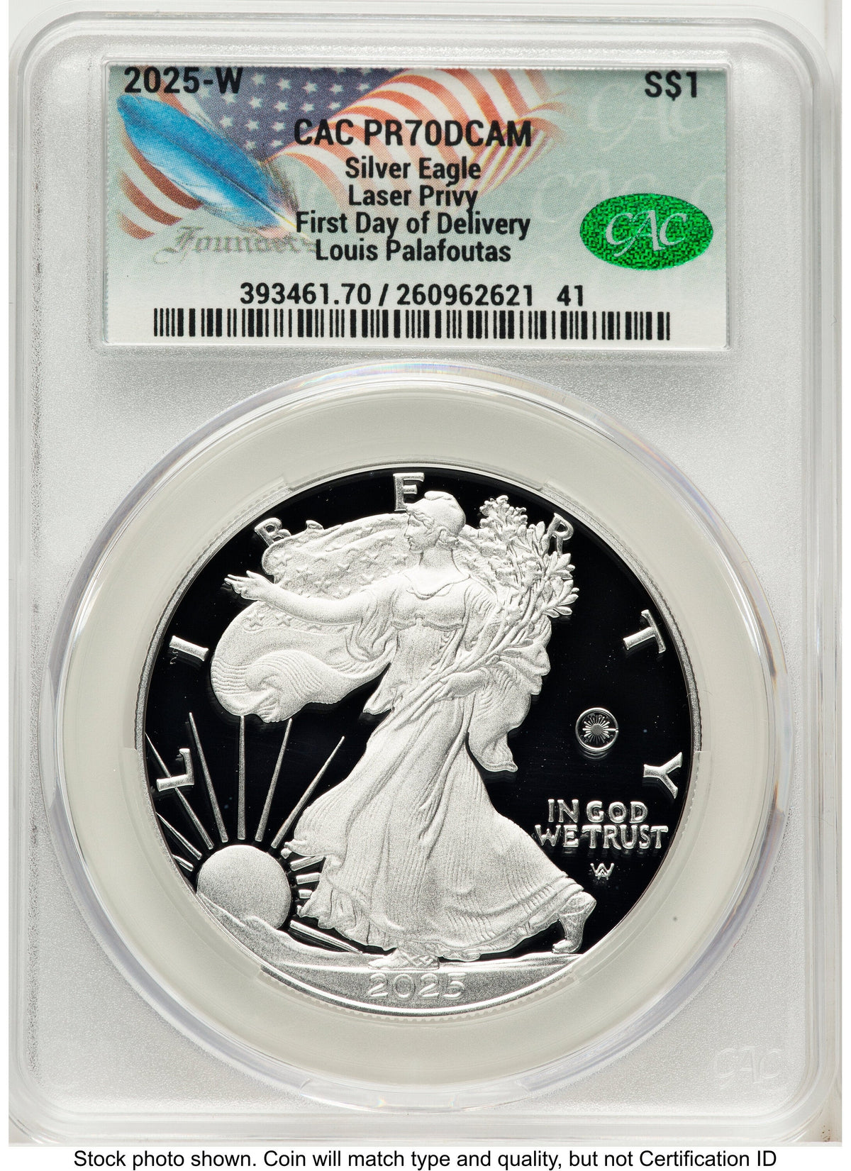 2025-W Proof Silver Eagle Privy Laser Engraved 1 oz First Day of Delivery Louis Palafoutas CACG PR70