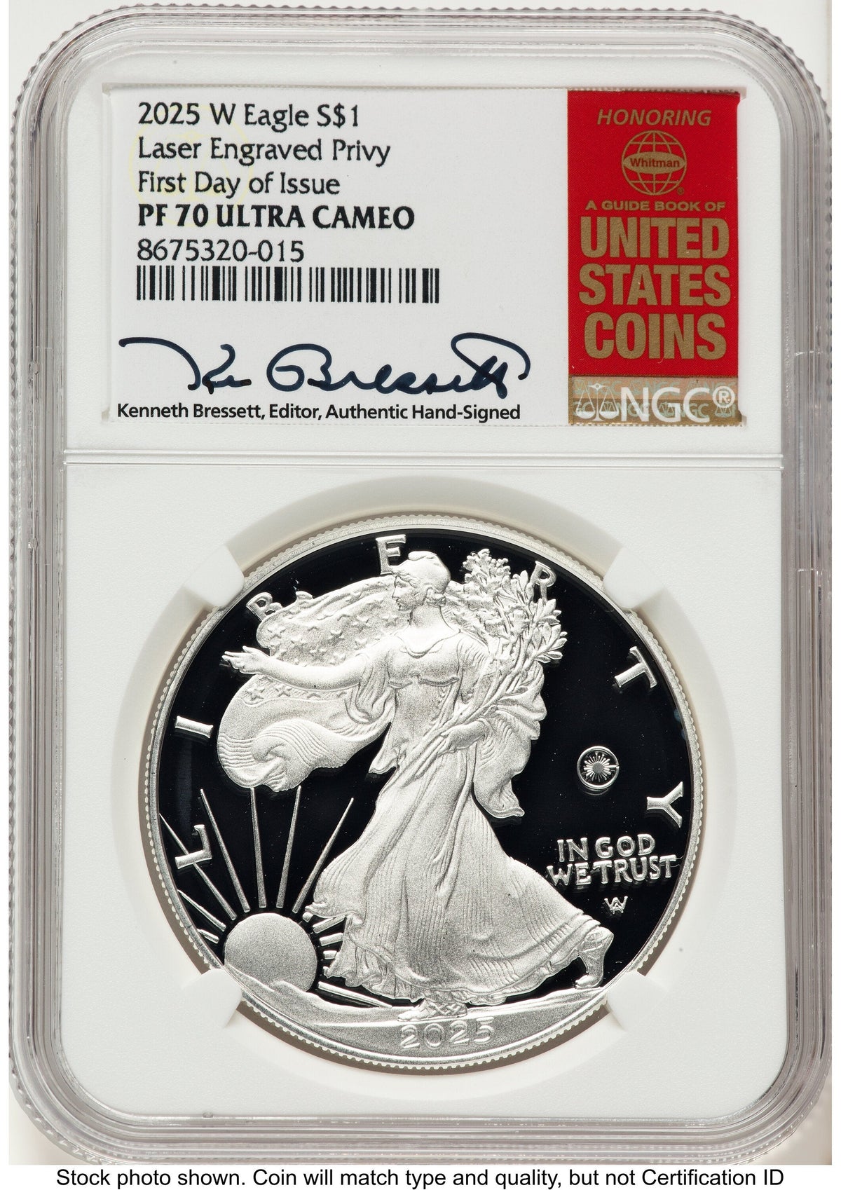 2025-W Proof Silver Eagle Privy Laser Engraved 1 oz FDI Kenneth Bressett Red Book NGC PF70