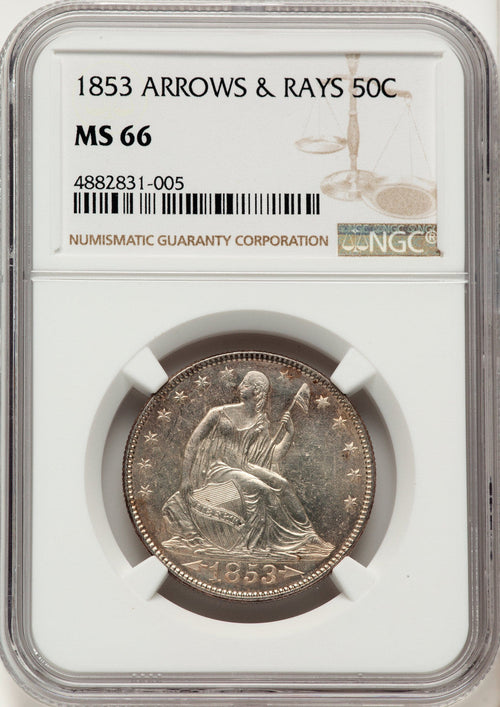 1853 50C Arrow and Rays Seated Half Dollar NGC MS66