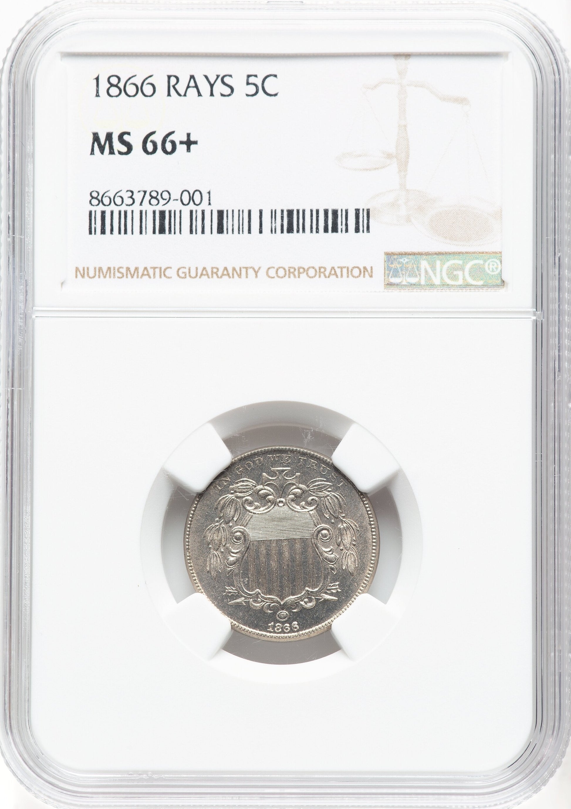 1866 5C RAYS Shield Nickel NGC MS66+