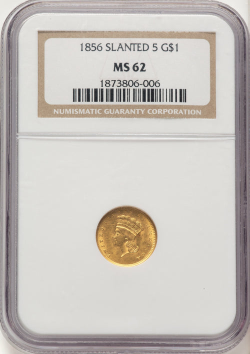 1856 G$1 Slanted 5 Gold Dollar NGC MS62