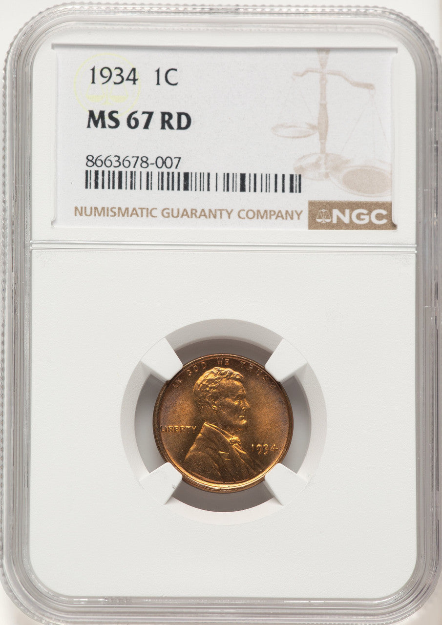 1934 1C RD Lincoln Cent NGC MS67
