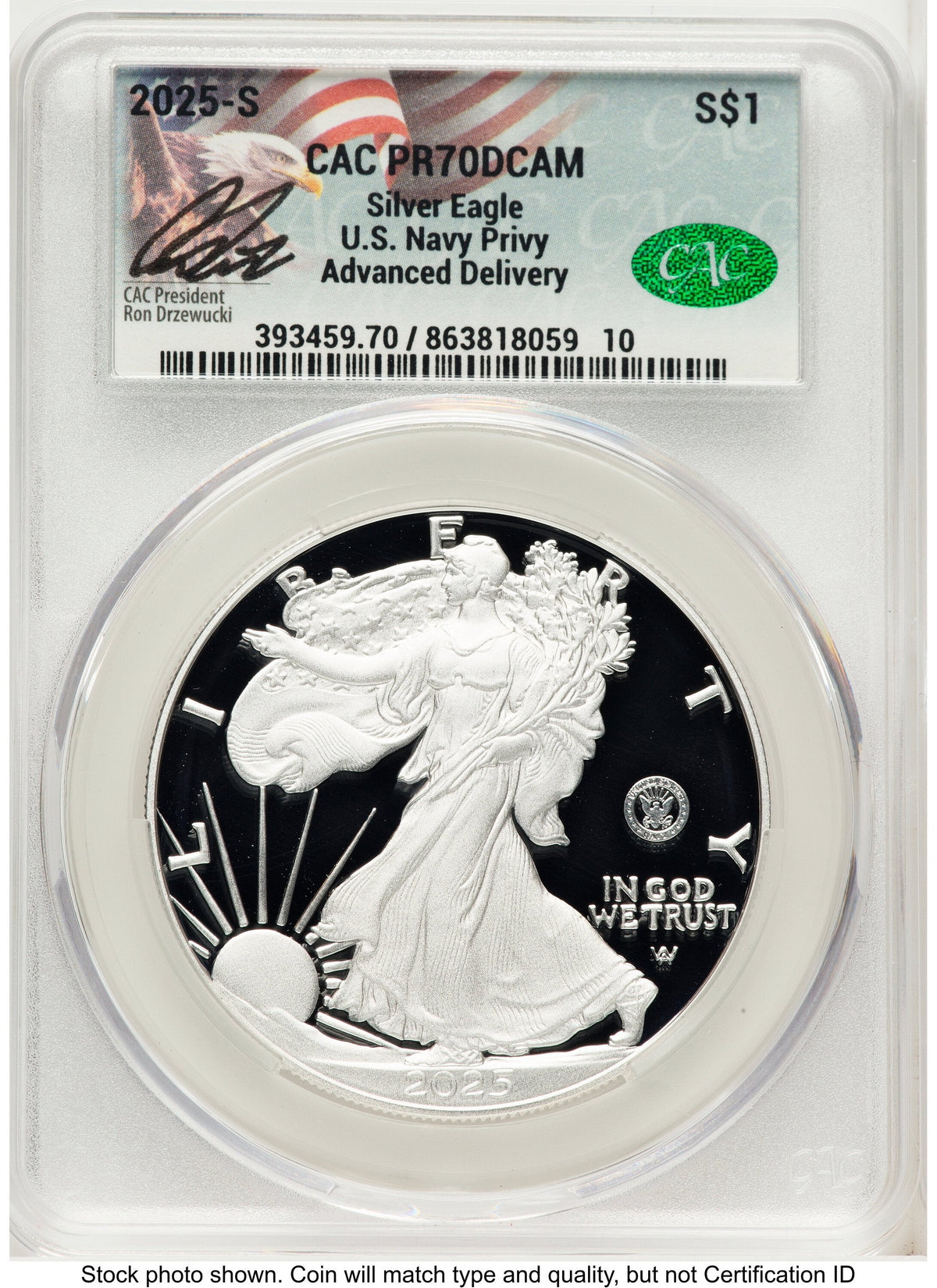 2025-S Proof Silver Eagle Privy U.S. Navy 250th Anniversary 1 oz Advanced Delivery Ron Drzewucki CACG PR70