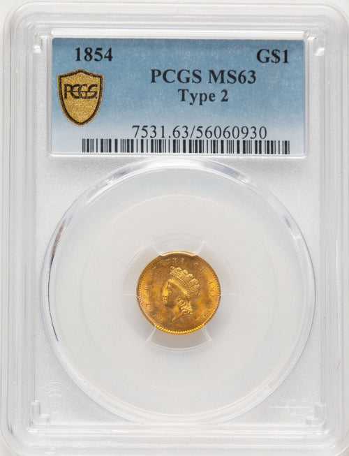 1854 G$1 Type Two Blue Gradient Gold Dollar PCGS MS63