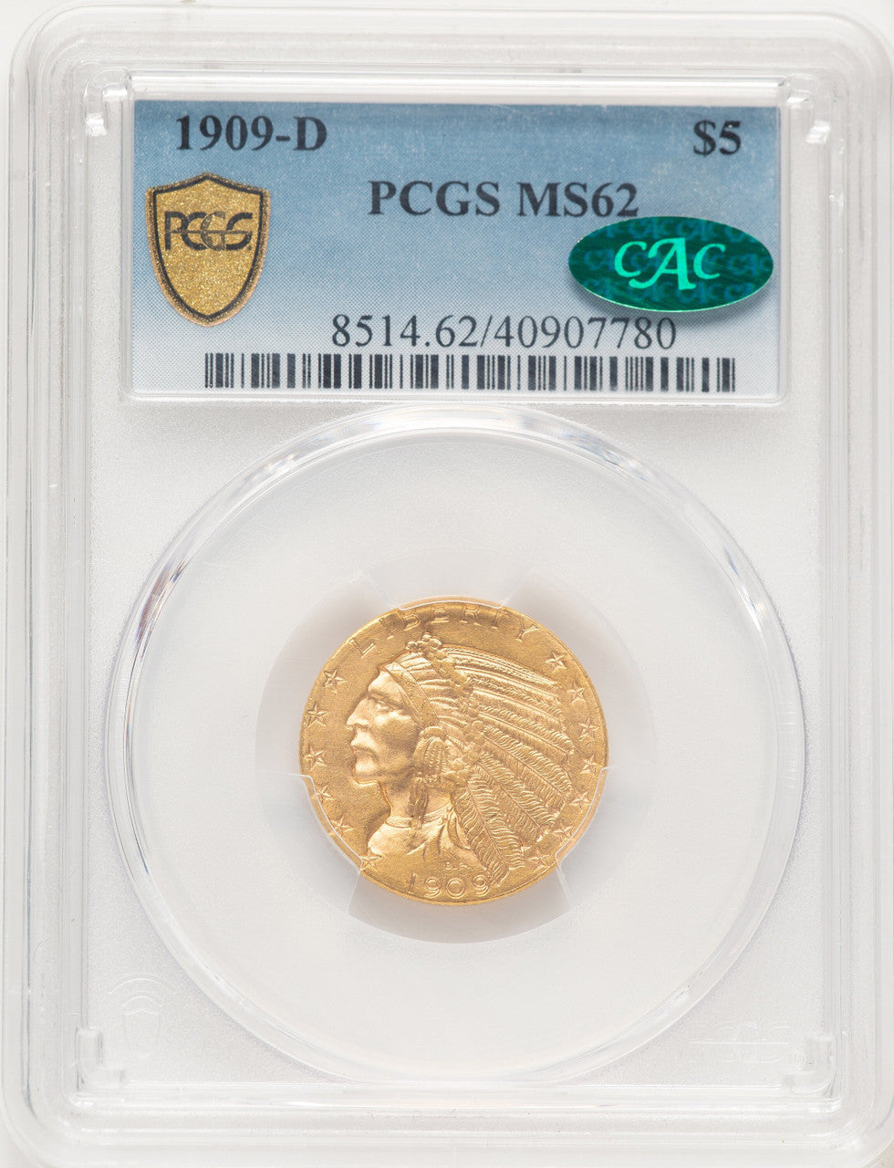 1909-D $5 CAC Blue Gradient Indian Half Eagle PCGS MS62