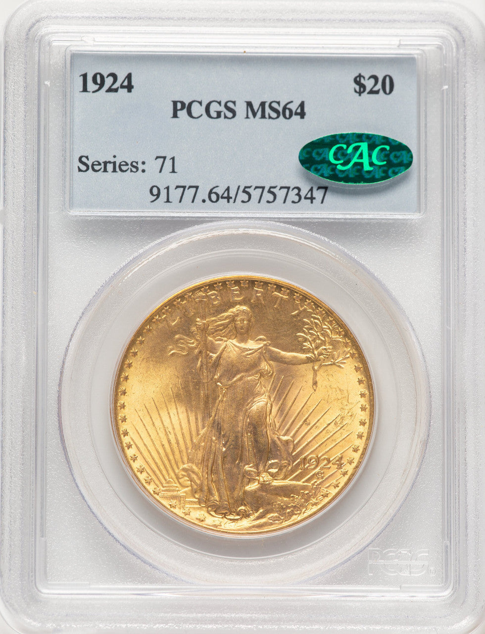 1924 $20 Saint CAC Saint-Gaudens Double Eagle PCGS MS64